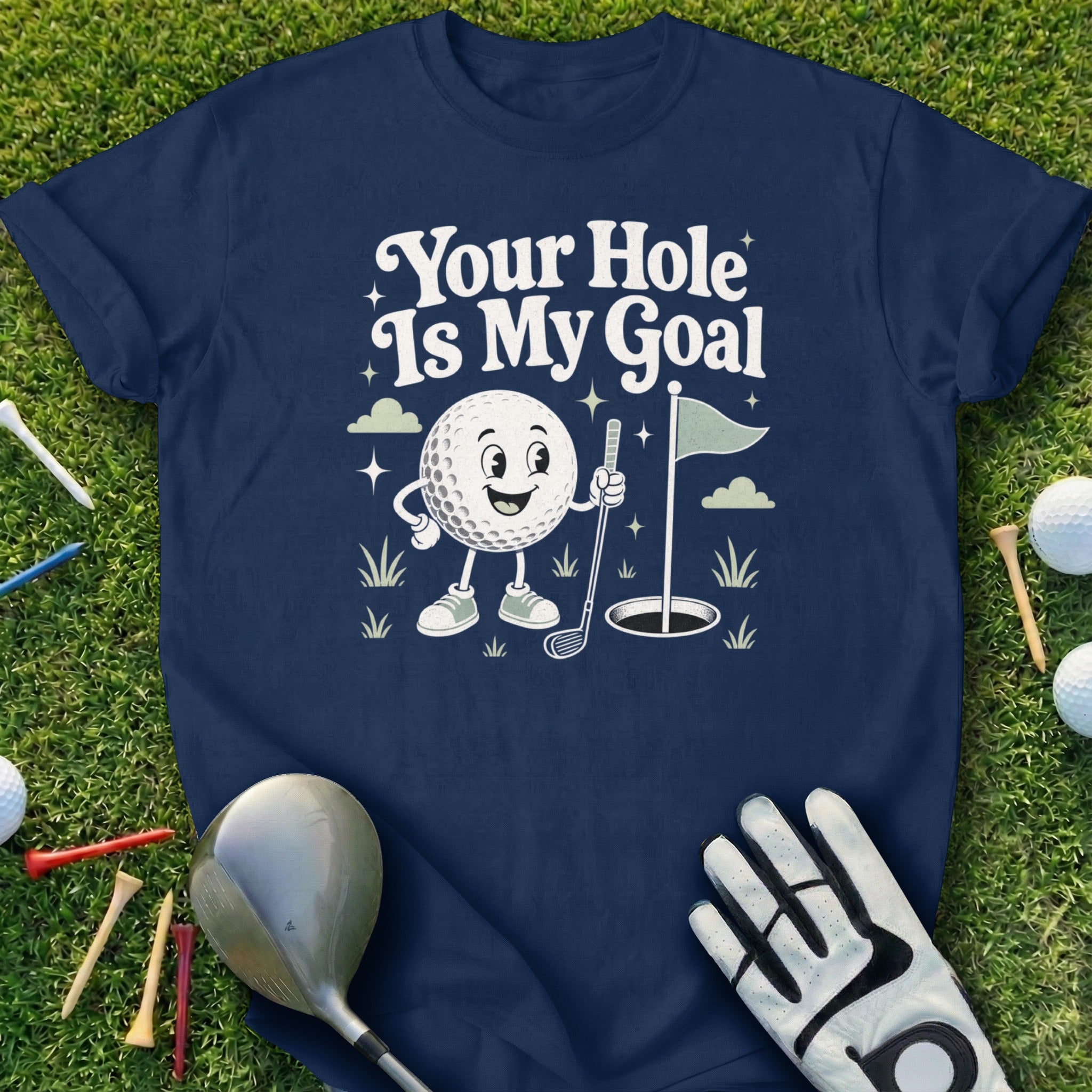 Navy t-shirt with cartoon golf ball and text "Your Hole Is My Goal".