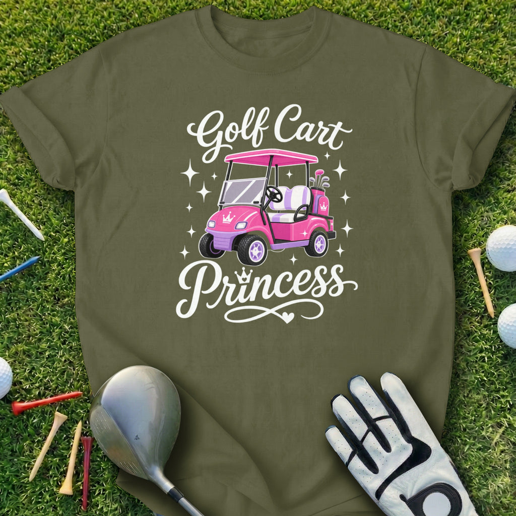 Golf cart princess design on a green t-shirt with golf accessories.