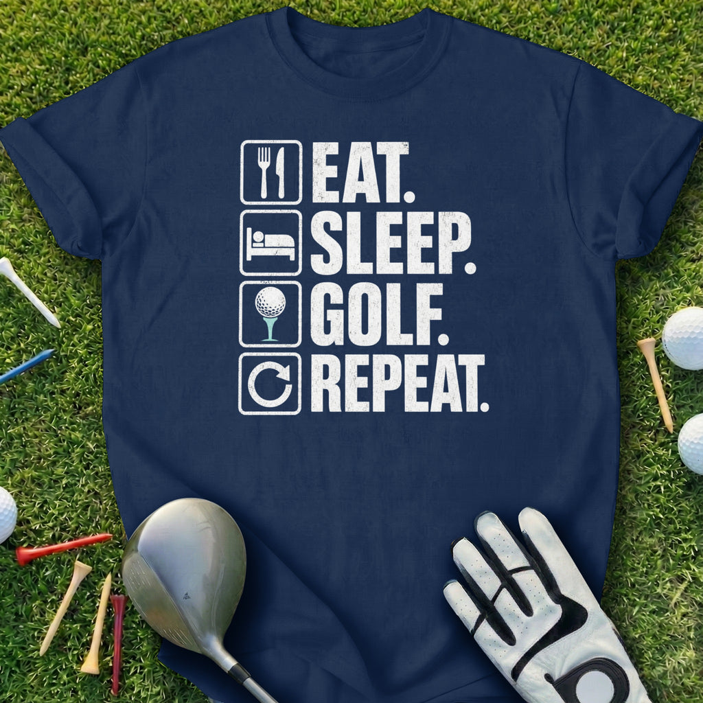 Navy t-shirt with "Eat. Sleep. Golf. Repeat." text and icons.