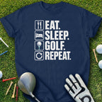 Navy t-shirt with "Eat. Sleep. Golf. Repeat." text and icons.