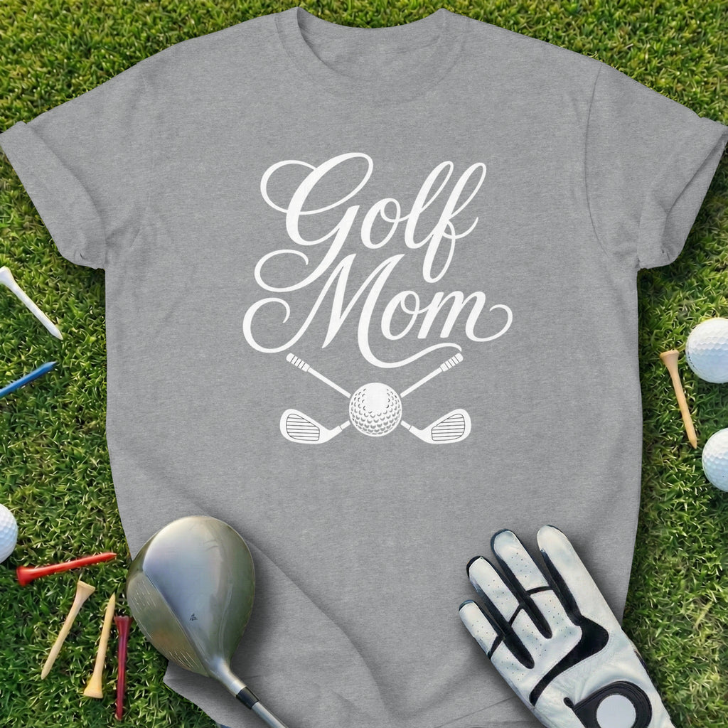 Grey t-shirt with "Golf Mom" graphic and crossed golf clubs.