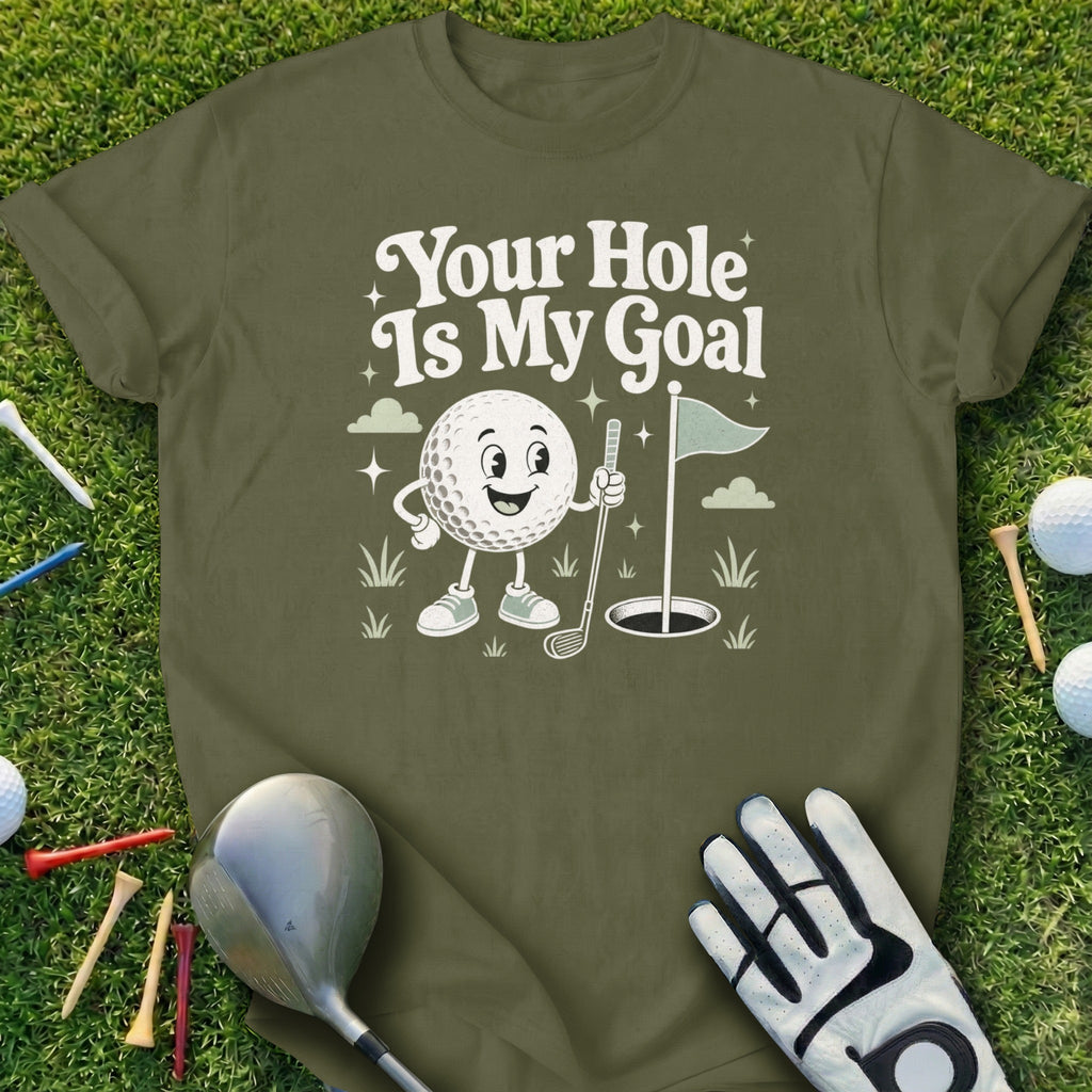 Golf ball character with "Your Hole Is My Goal" text and golf equipment.