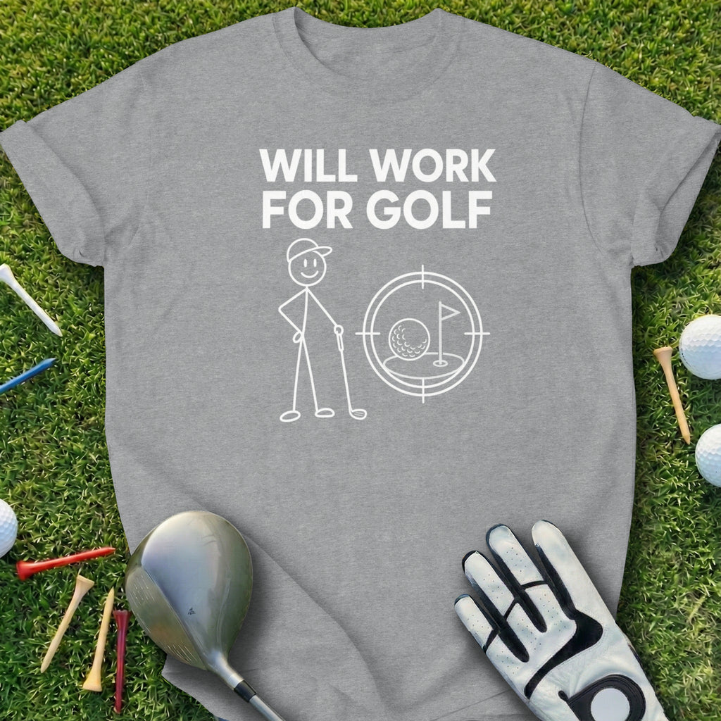 Gray t-shirt with stick figure golfer aiming at a golf ball in a target.