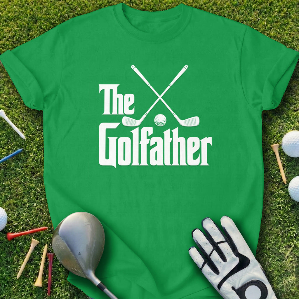 Green t-shirt with white text "The Golfather" and crossed golf clubs.