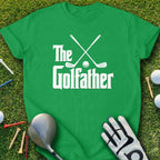 Green t-shirt with white text "The Golfather" and crossed golf clubs.