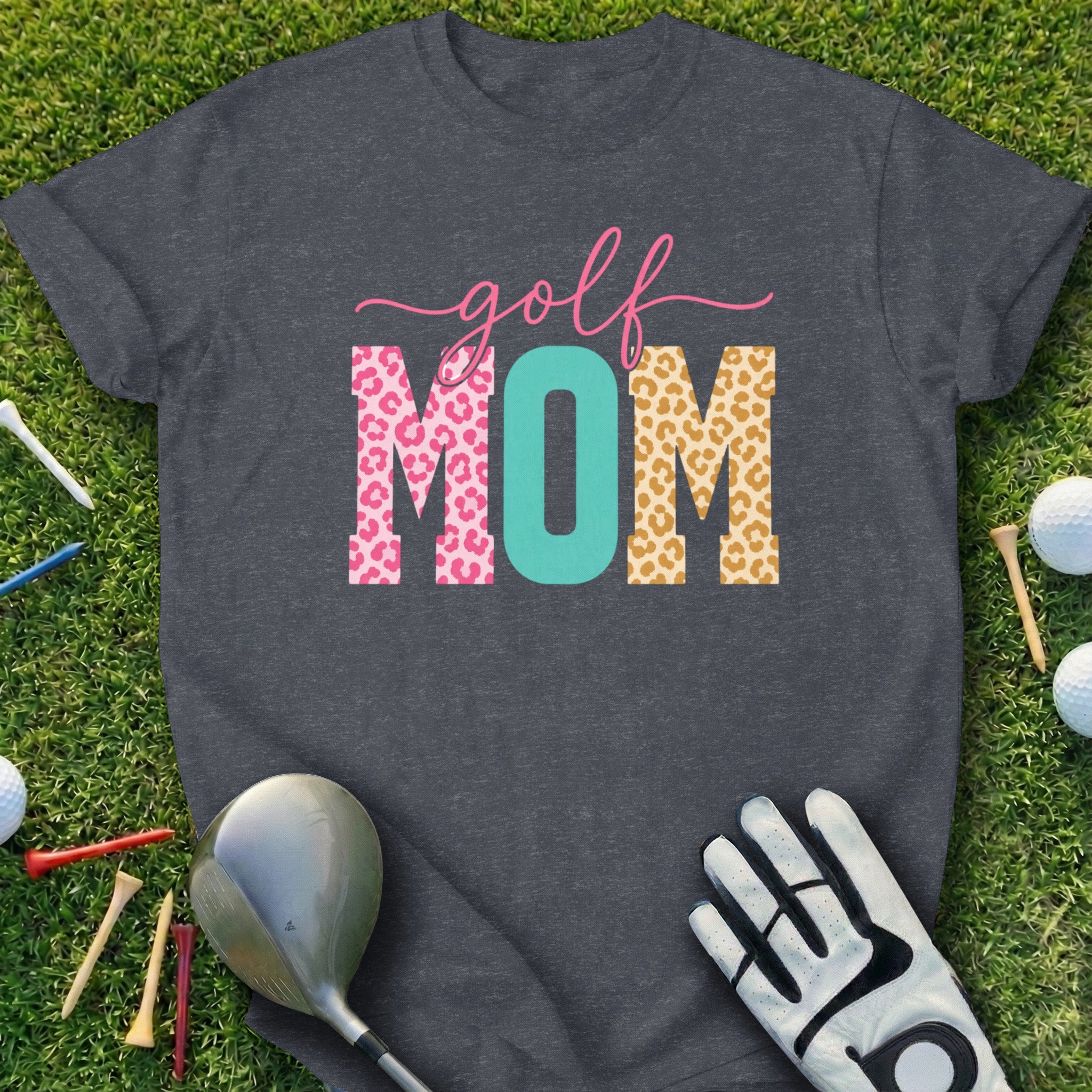 Dark grey t-shirt with "Golf MOM" text and leopard print design.