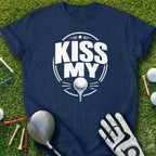 Navy t-shirt with "KISS MY" text and golf ball on tee graphic.