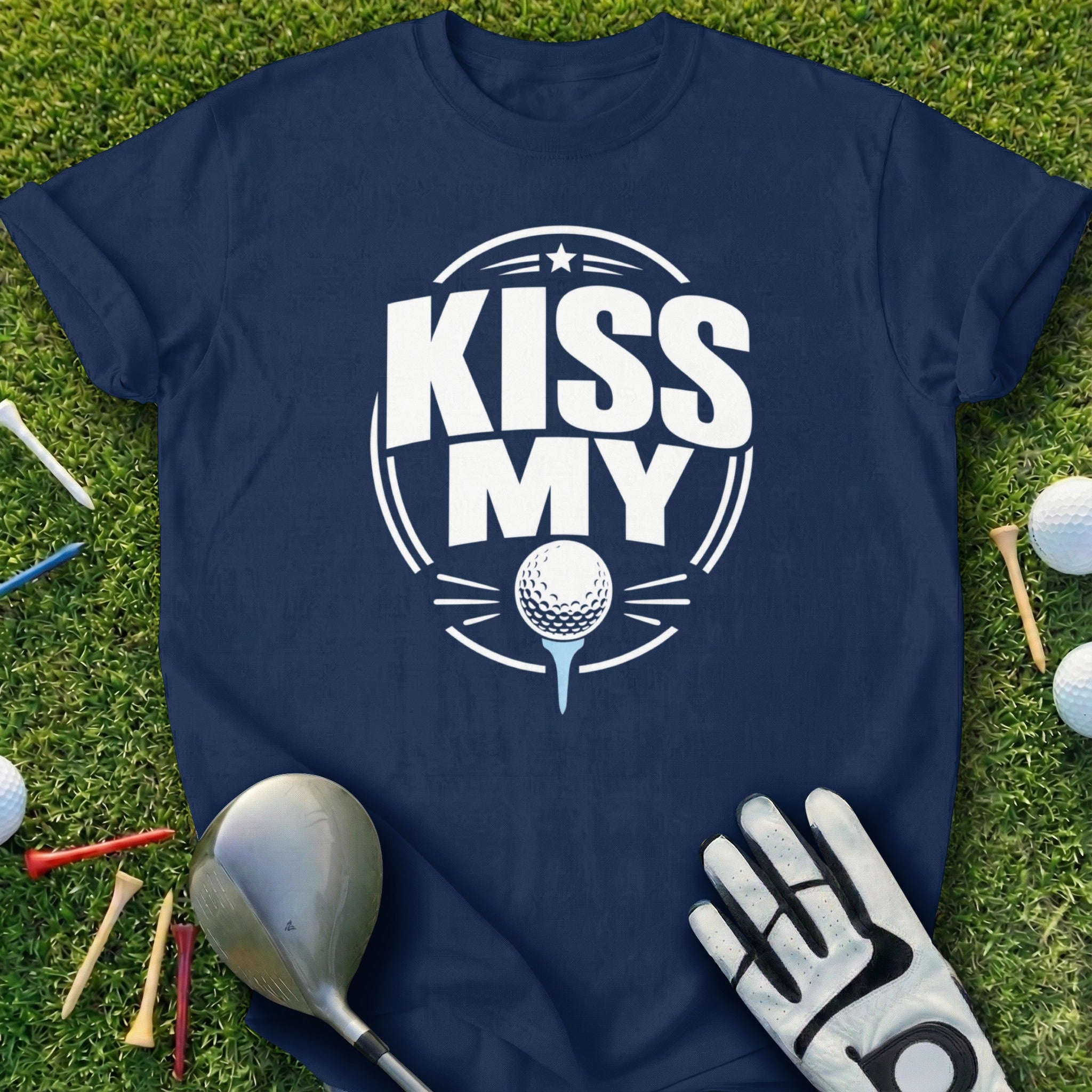 Navy t-shirt with "KISS MY" text and golf ball on tee graphic.