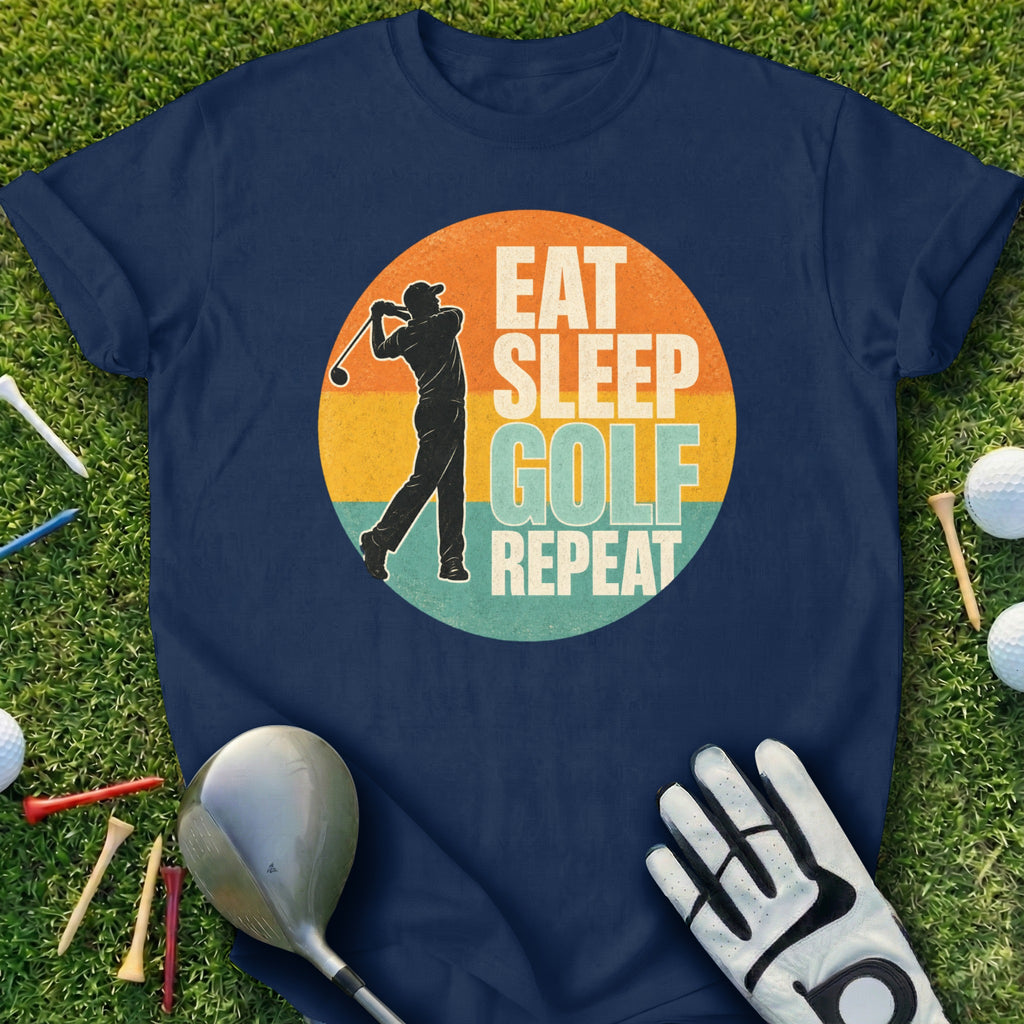 Navy t-shirt with "Eat Sleep Golf Repeat" and a golfer silhouette.