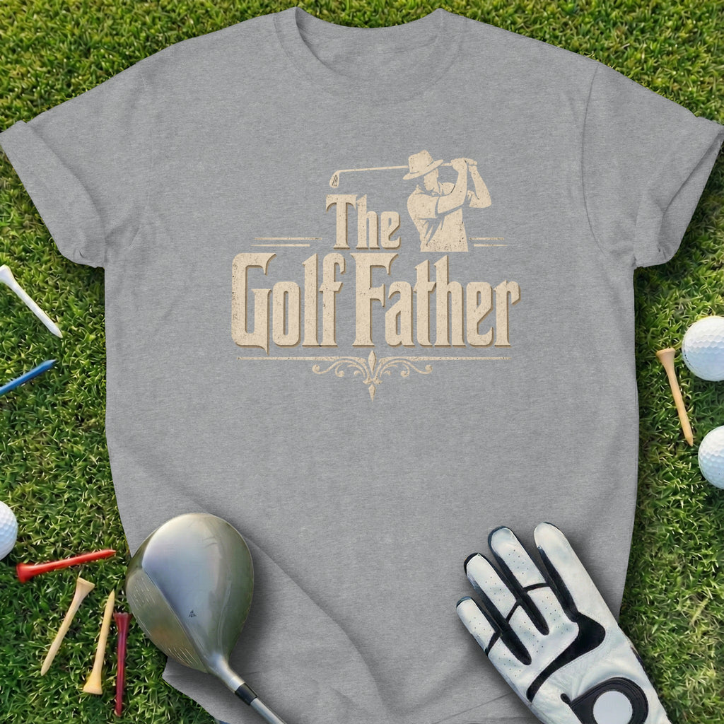 Grey t-shirt with "The Golf Father" text and golf club silhouette.