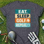 Golf shirt with "EAT. SLEEP. GOLF. REPEAT." text and golf accessories.