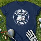 Navy t-shirt with "Cart Girl Vibes" graphic featuring a golf cart.