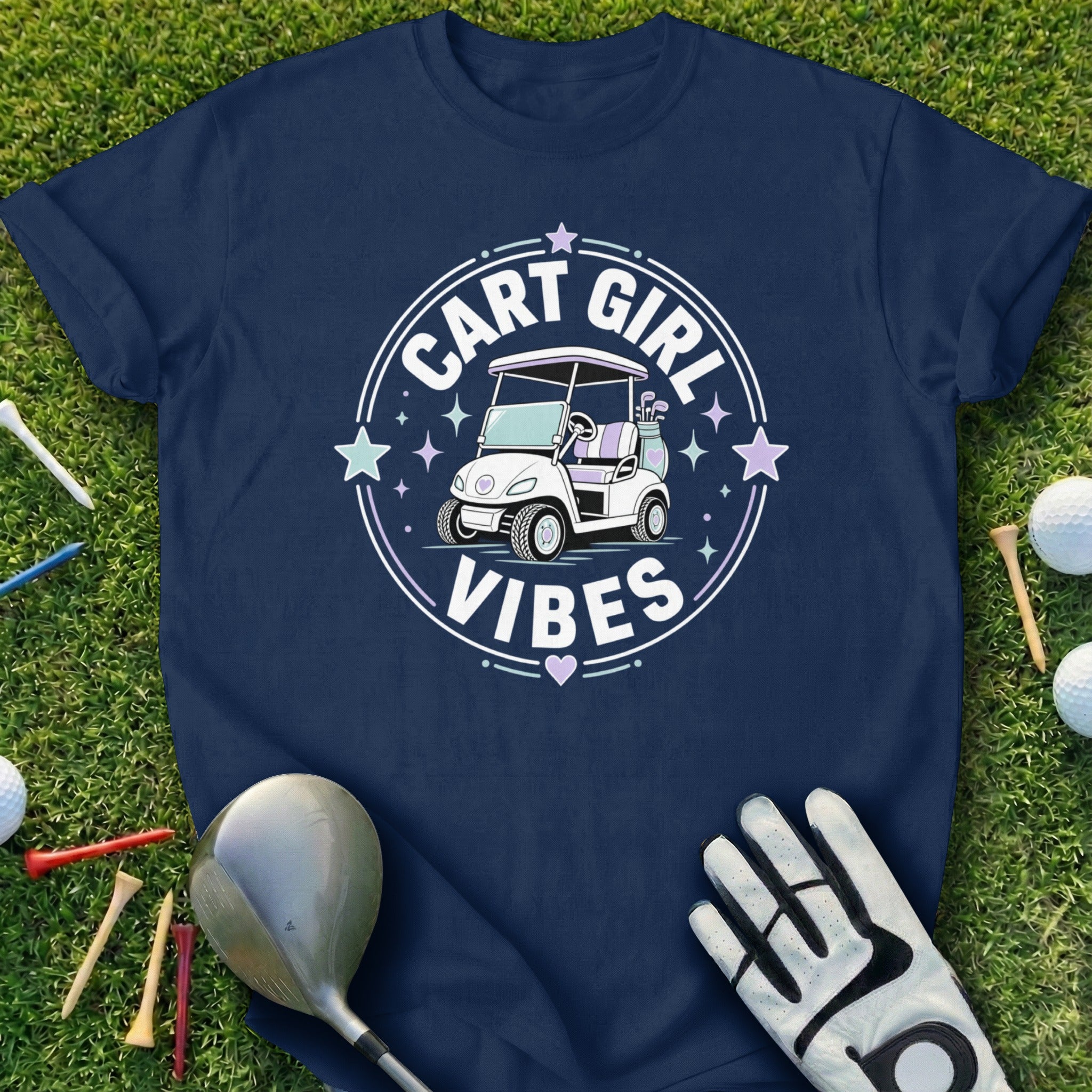 Navy t-shirt with "Cart Girl Vibes" graphic featuring a golf cart.