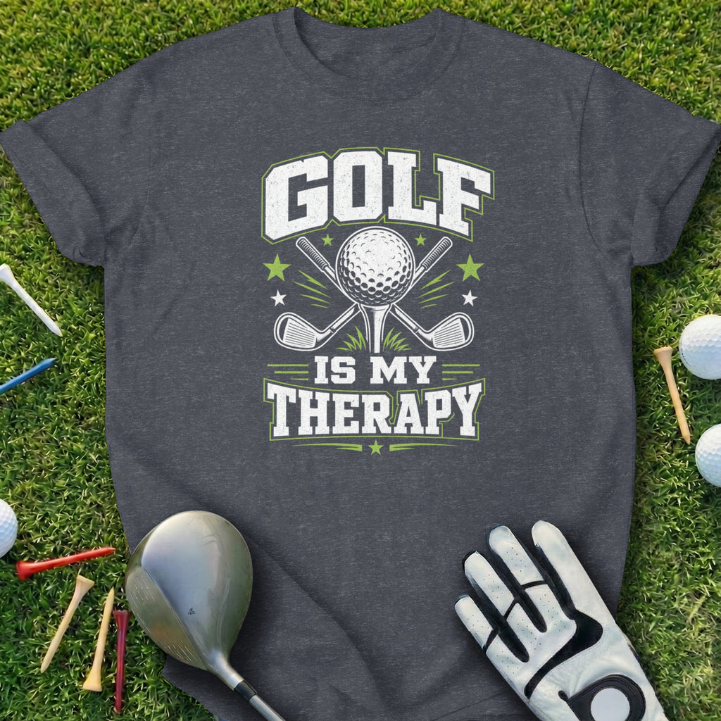 Dark grey t-shirt with "Golf is my therapy" text and golf club graphics.