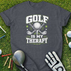 Dark grey t-shirt with "Golf is my therapy" text and golf club graphics.