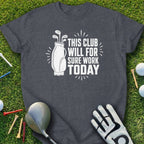 Dark grey t-shirt with graphic of golf bag, clubs, glove, and text.