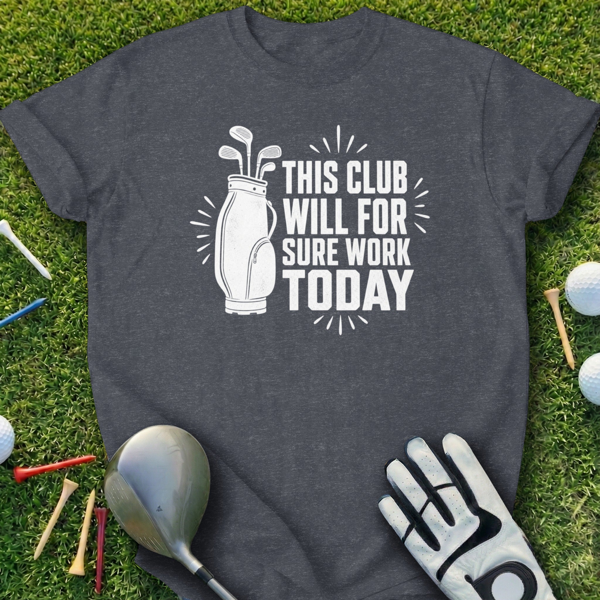 Dark grey t-shirt with graphic of golf bag, clubs, glove, and text.