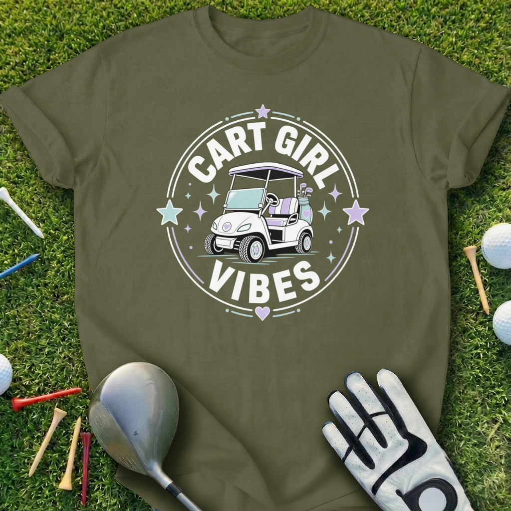 "Cart Girl Vibes" text on a graphic featuring a golf cart, golf club, and glove.