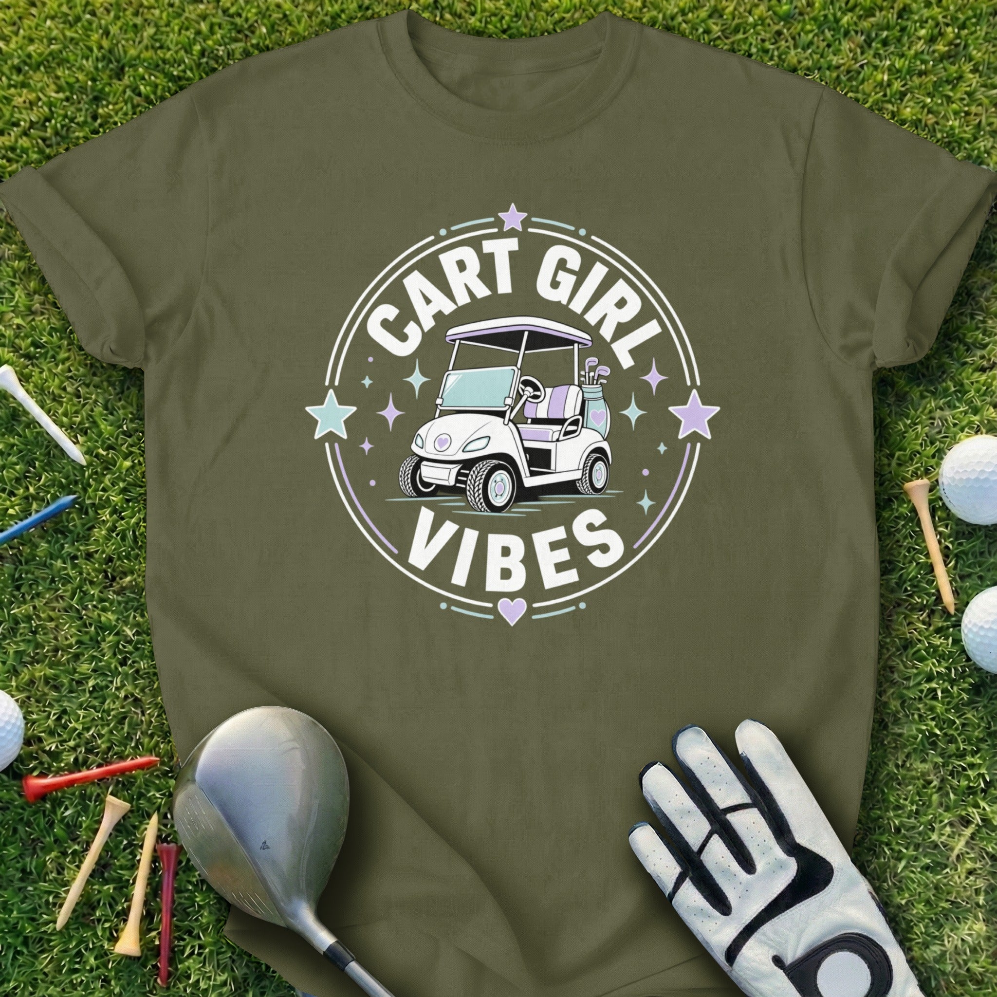 "Cart Girl Vibes" text on a graphic featuring a golf cart, golf club, and glove.
