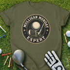 Green t-shirt with "Mulligan Monday Expert" logo featuring golf ball, tee, and clubs.