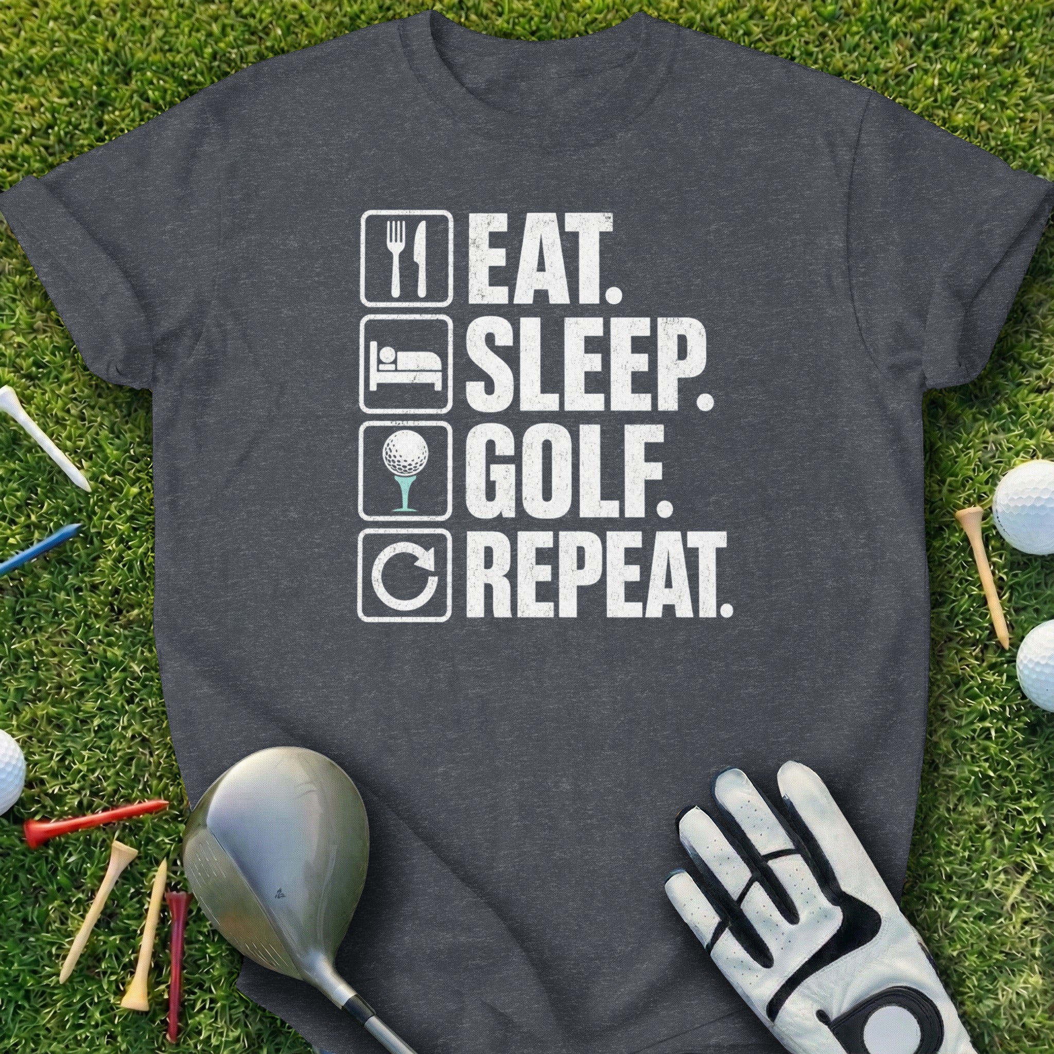 Dark gray t-shirt with "Eat. Sleep. Golf. Repeat." text and golf equipment.