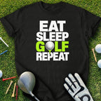 Black t-shirt with "Eat Sleep Golf Repeat" text and golf ball graphic.