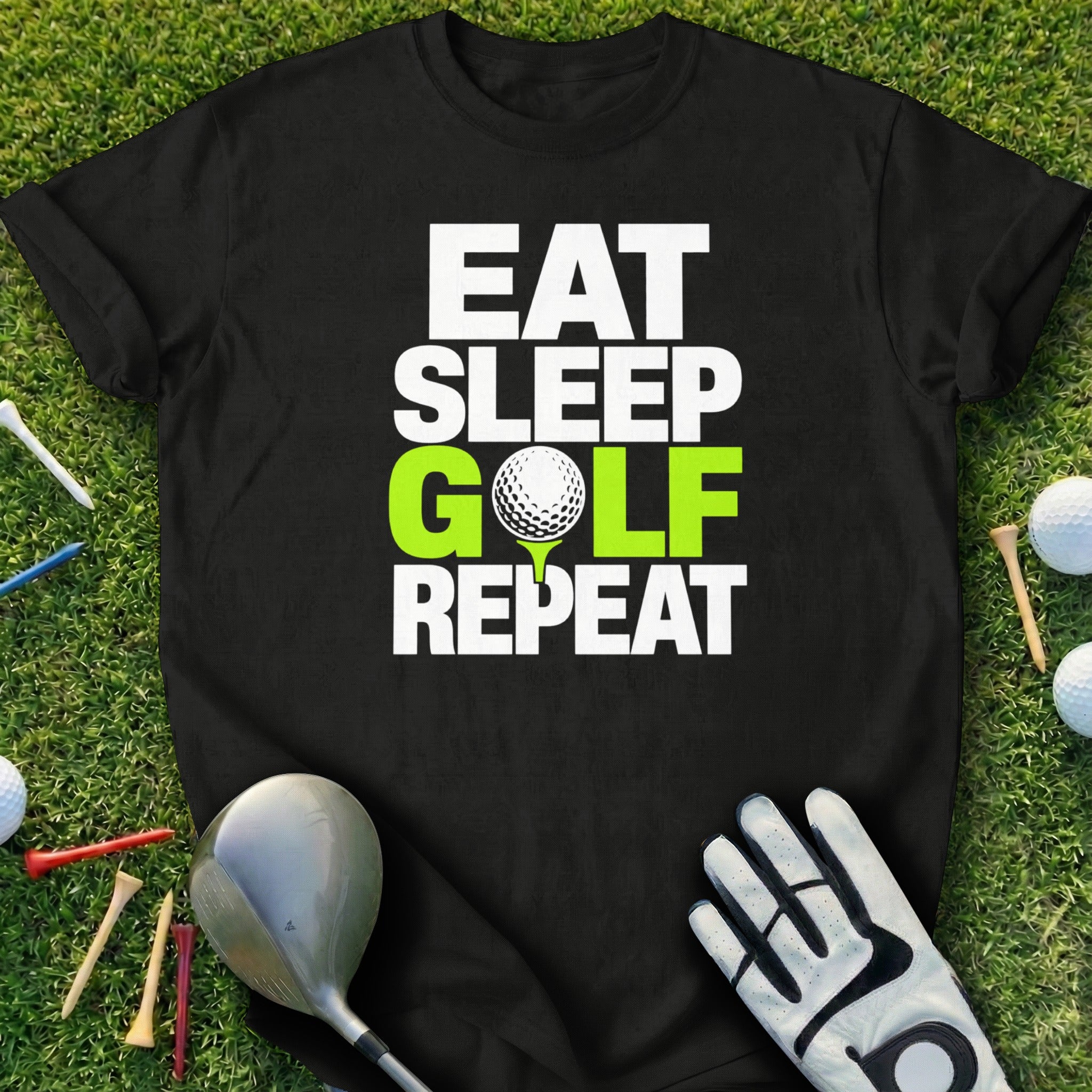 Black t-shirt with "Eat Sleep Golf Repeat" text and golf ball graphic.