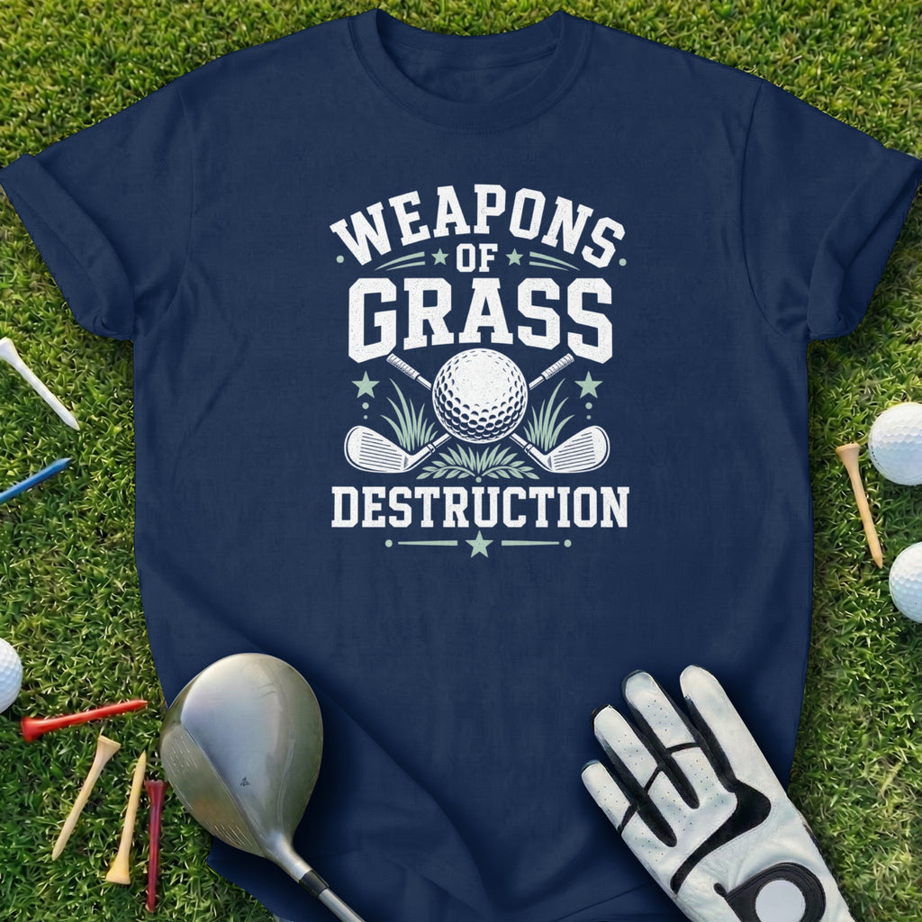Navy t-shirt with "Weapons of Grass Destruction" text and golf graphics.