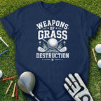 Navy t-shirt with "Weapons of Grass Destruction" text and golf graphics.