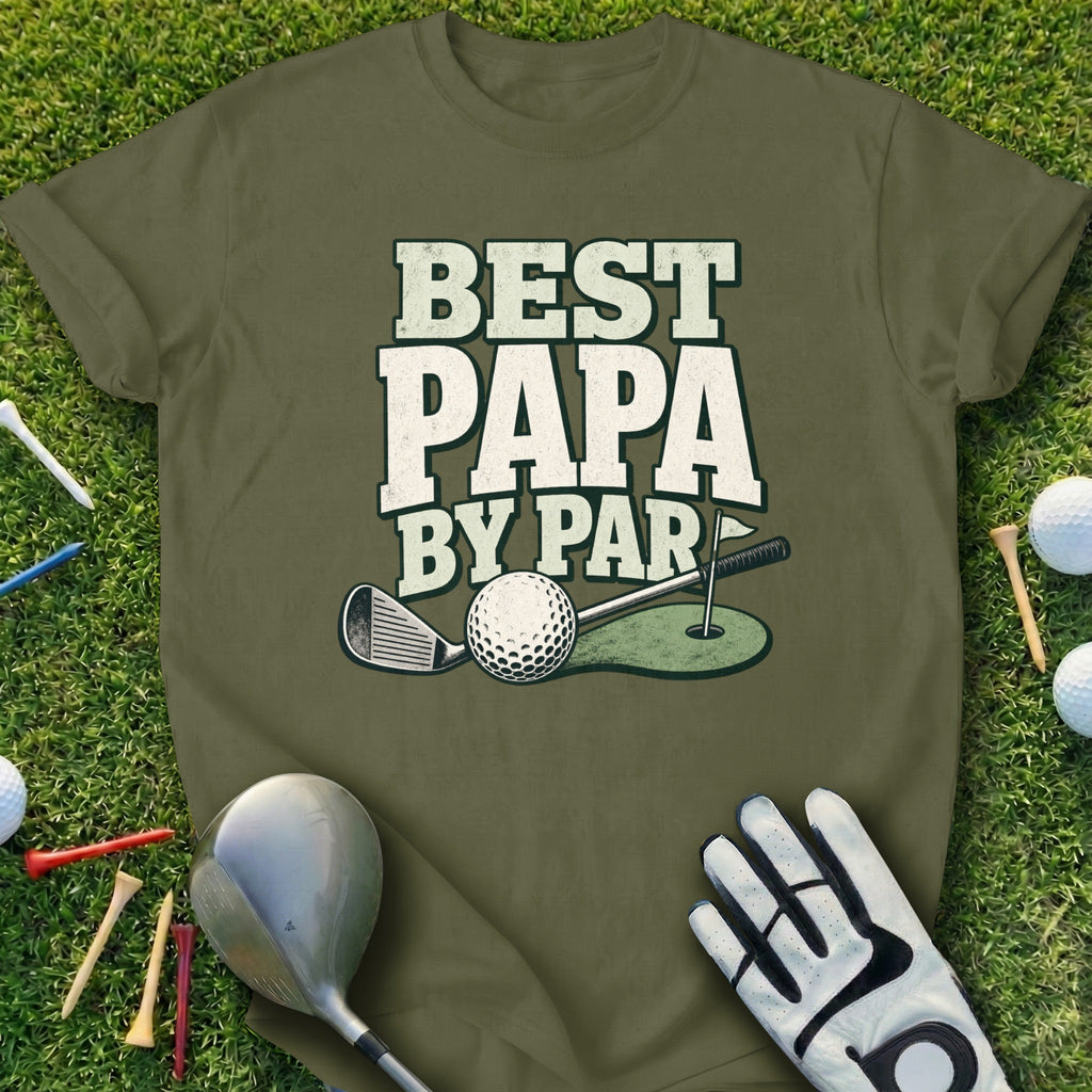 Green t-shirt with "BEST PAPA BY PAR" text, golf club, ball, and tee.