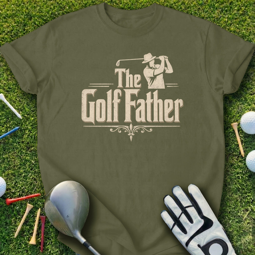 Olive green t-shirt with "The Golf Father" text and golf club graphic.