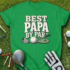 Green t-shirt with "BEST PAPA BY PAR" text, golf club, ball, and flag.