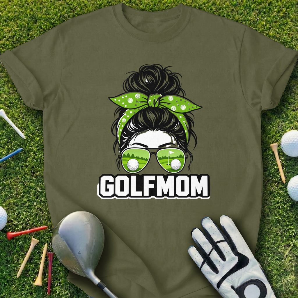 Green t-shirt with "GOLF MOM" text and woman with golf ball sunglasses.
