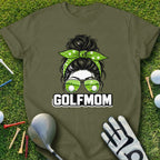 Green t-shirt with "GOLF MOM" text and woman with golf ball sunglasses.