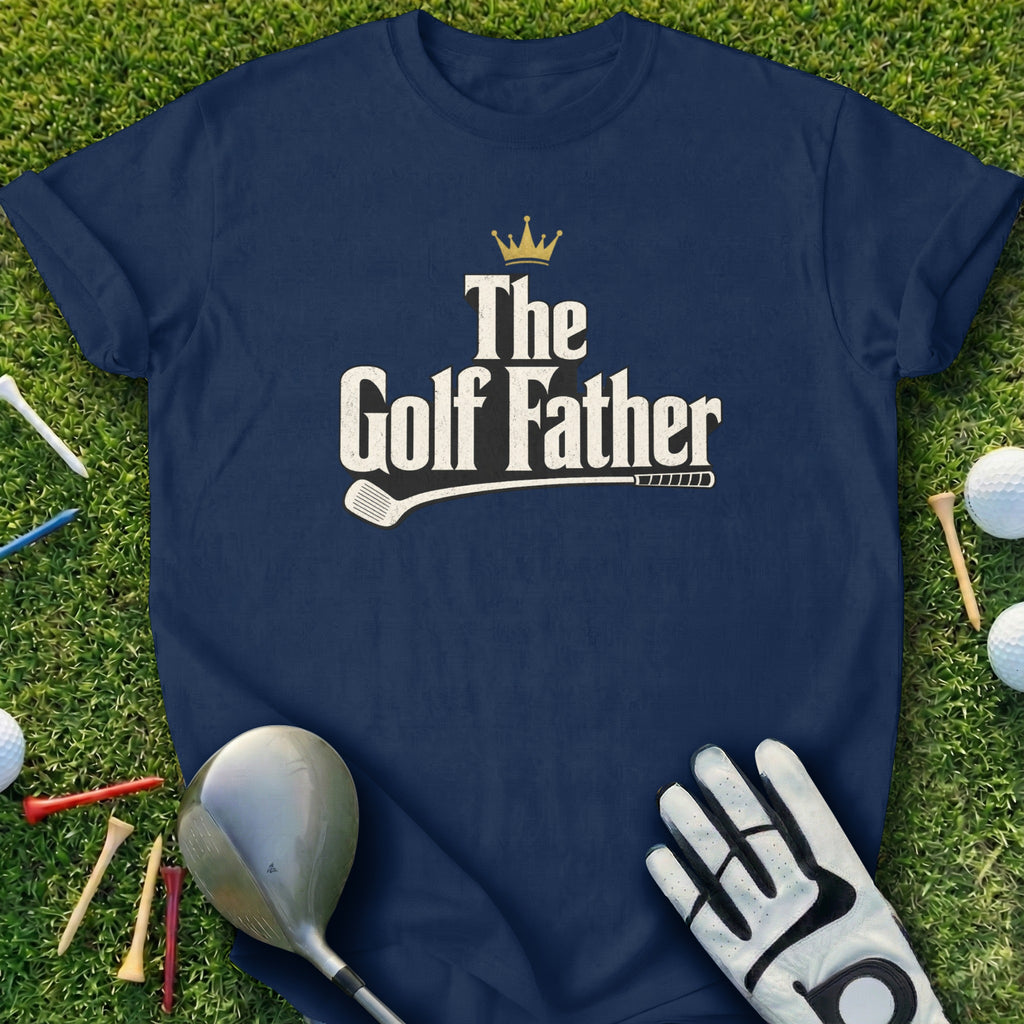 Navy t-shirt with "The Golf Father" text and crown graphic.
