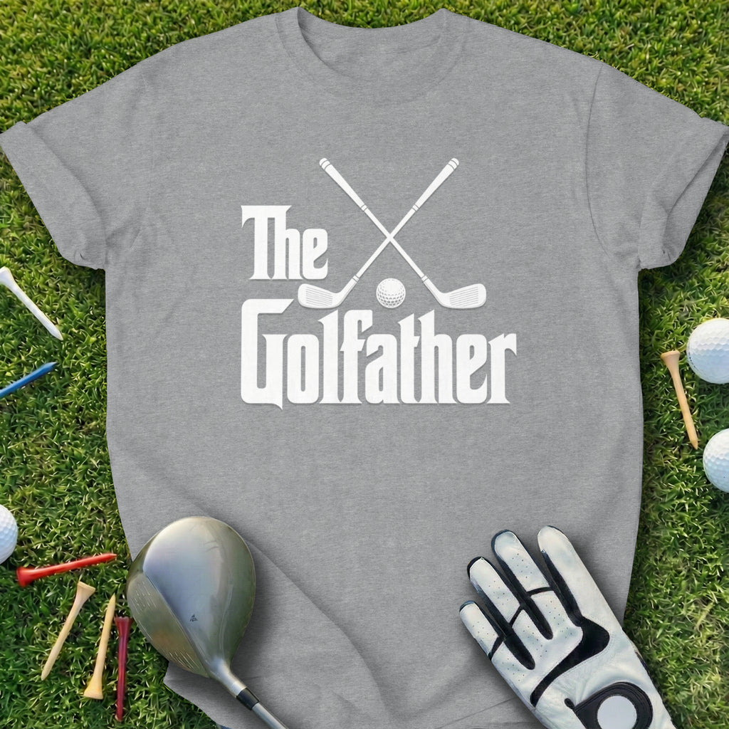 Grey t-shirt with "The Golfather" text and crossed golf clubs.