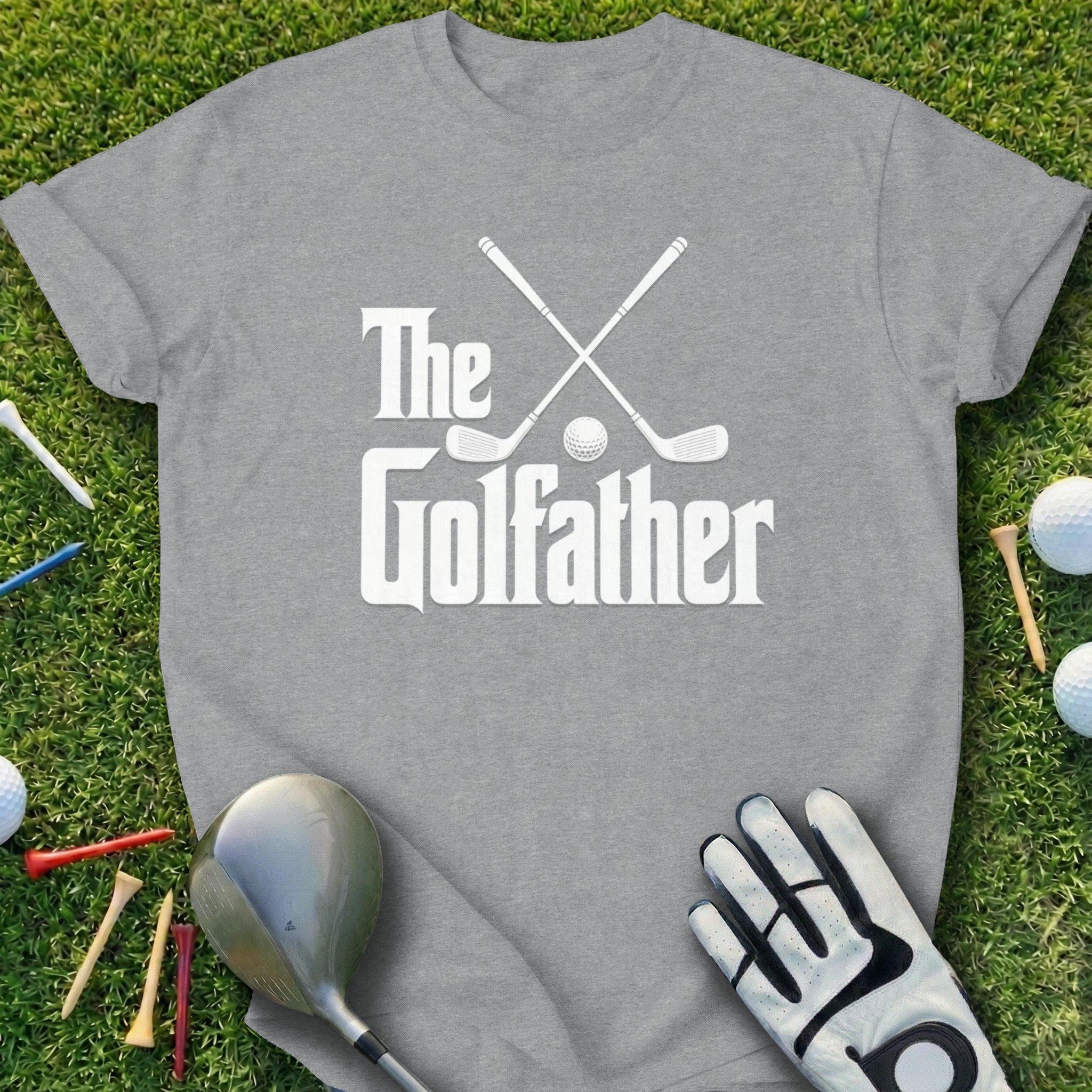 Grey t-shirt with "The Golfather" text and crossed golf clubs.