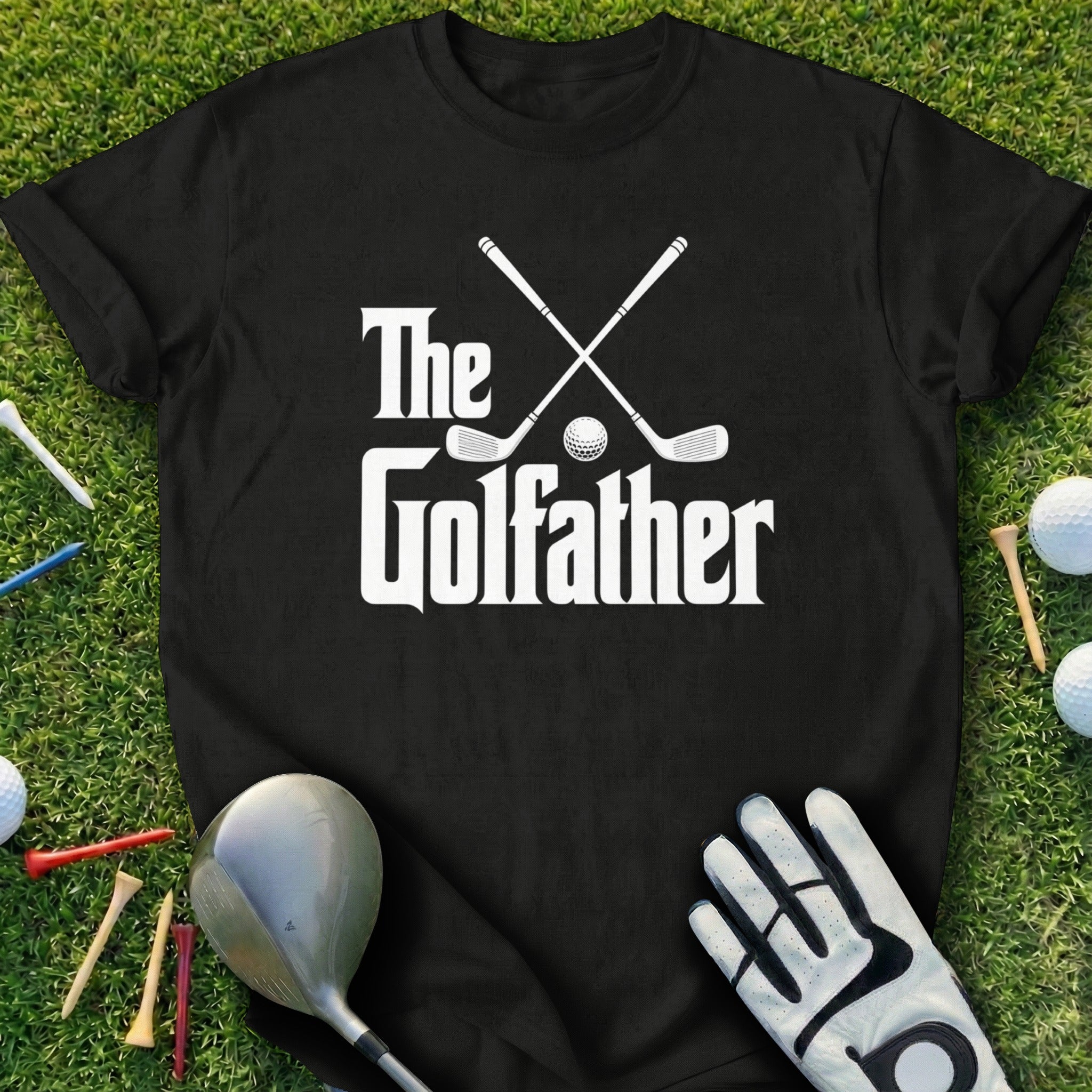 Black t-shirt with "The Golfather" text and crossed golf clubs.