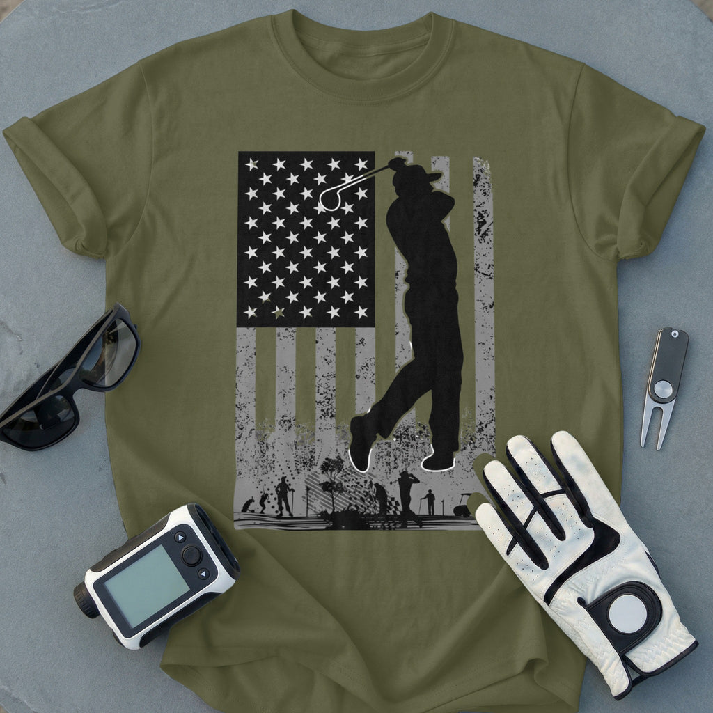 Vintage American Flag Golf Print T-Shirt for Golf Lovers