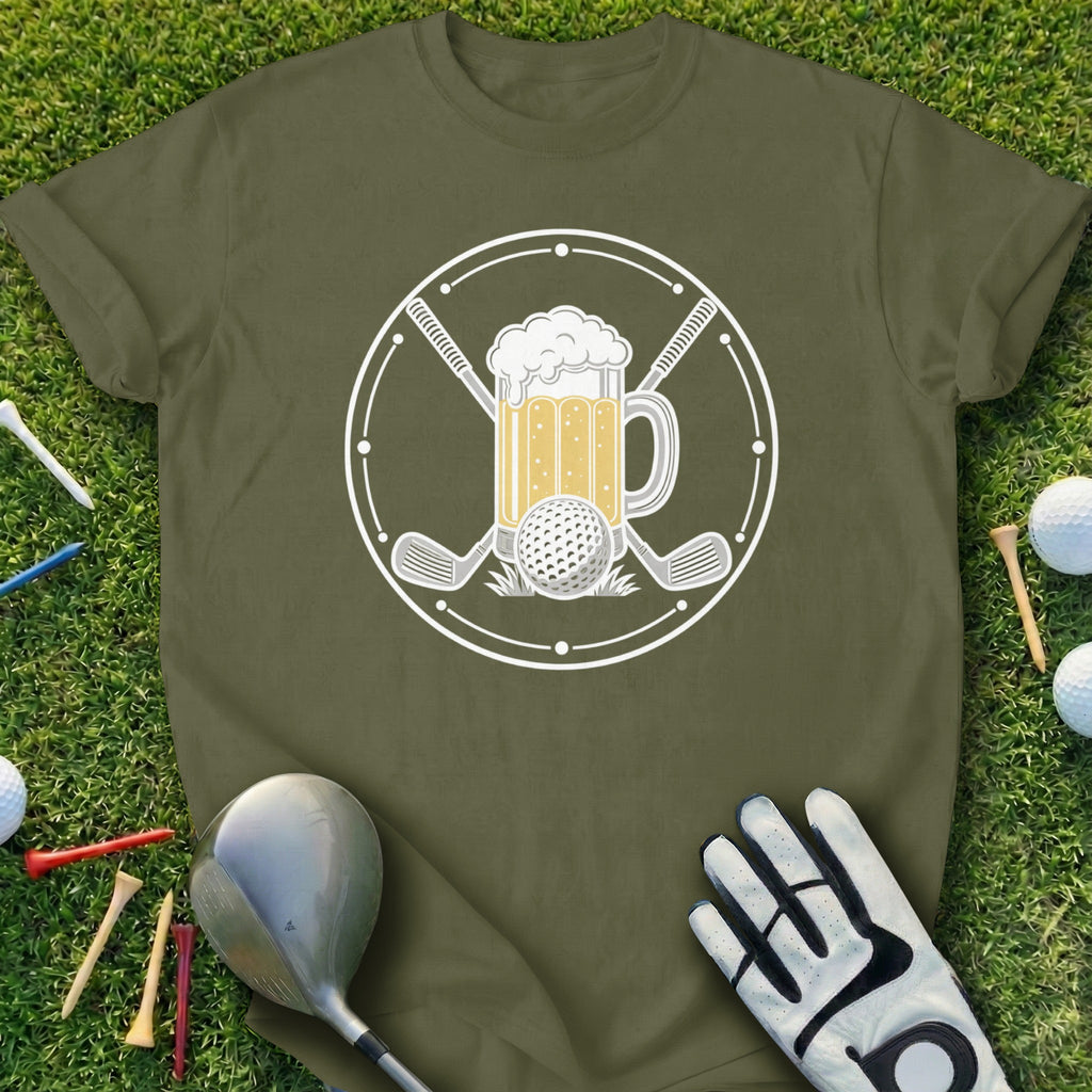 Golf ball, beer, and clubs graphic on olive green t-shirt.