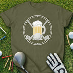 Golf ball, beer, and clubs graphic on olive green t-shirt.