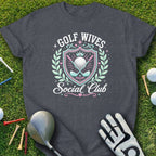 T-shirt with "Golf Wives Social Club" text, golf clubs, tees, and balls.