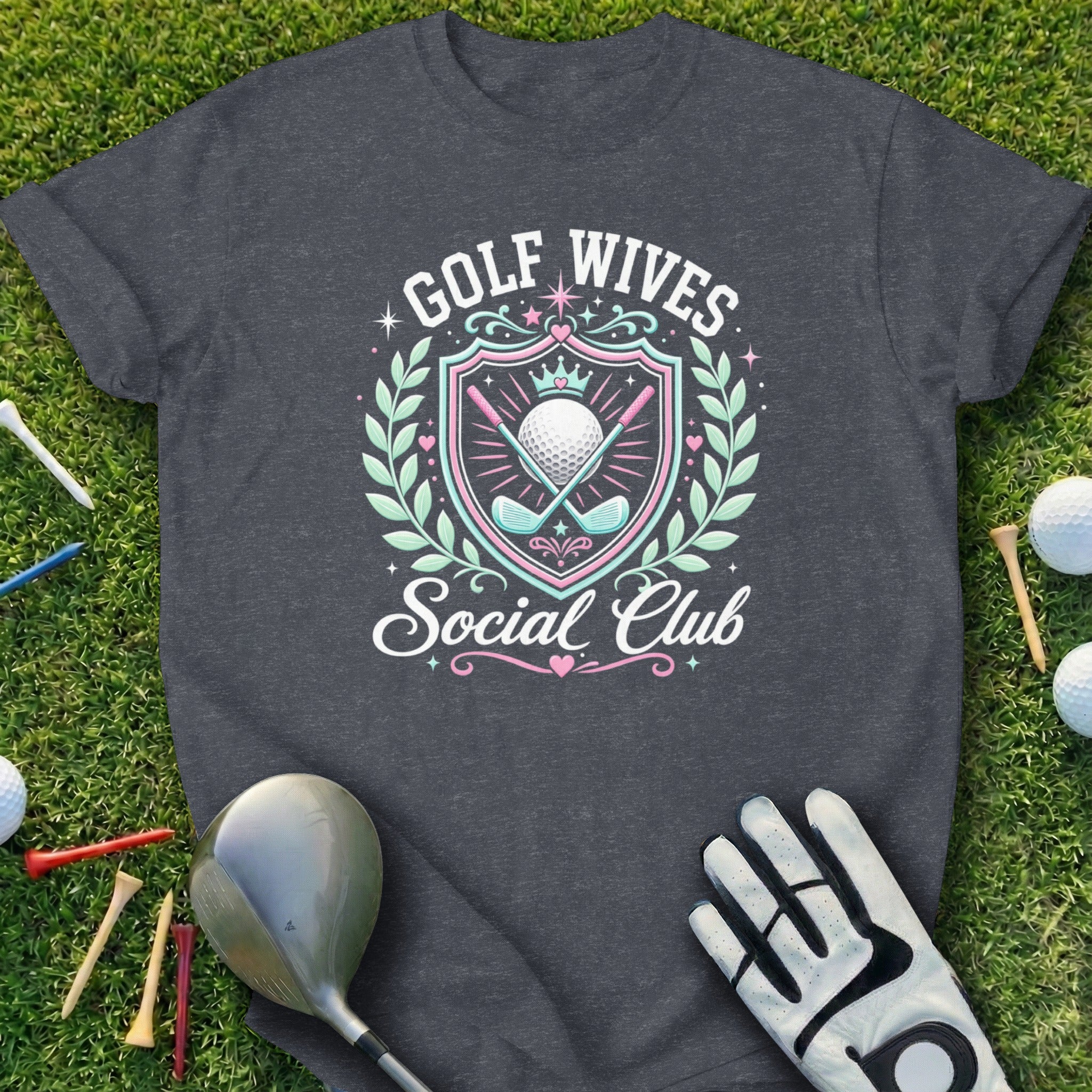 T-shirt with "Golf Wives Social Club" text, golf clubs, tees, and balls.