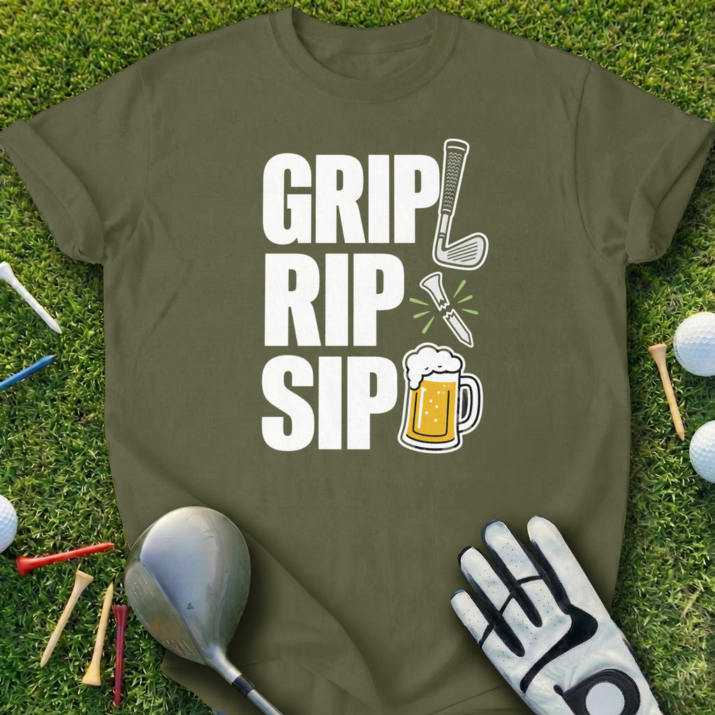 Olive green t-shirt with "Grip Rip Sip" text and golf graphics.