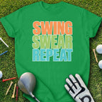 Green t-shirt with "SWING SWEAR REPEAT" in orange, green, and blue text.