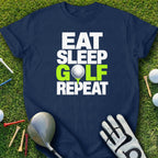 Navy t-shirt with "EAT SLEEP GOLF REPEAT" text and golf equipment.