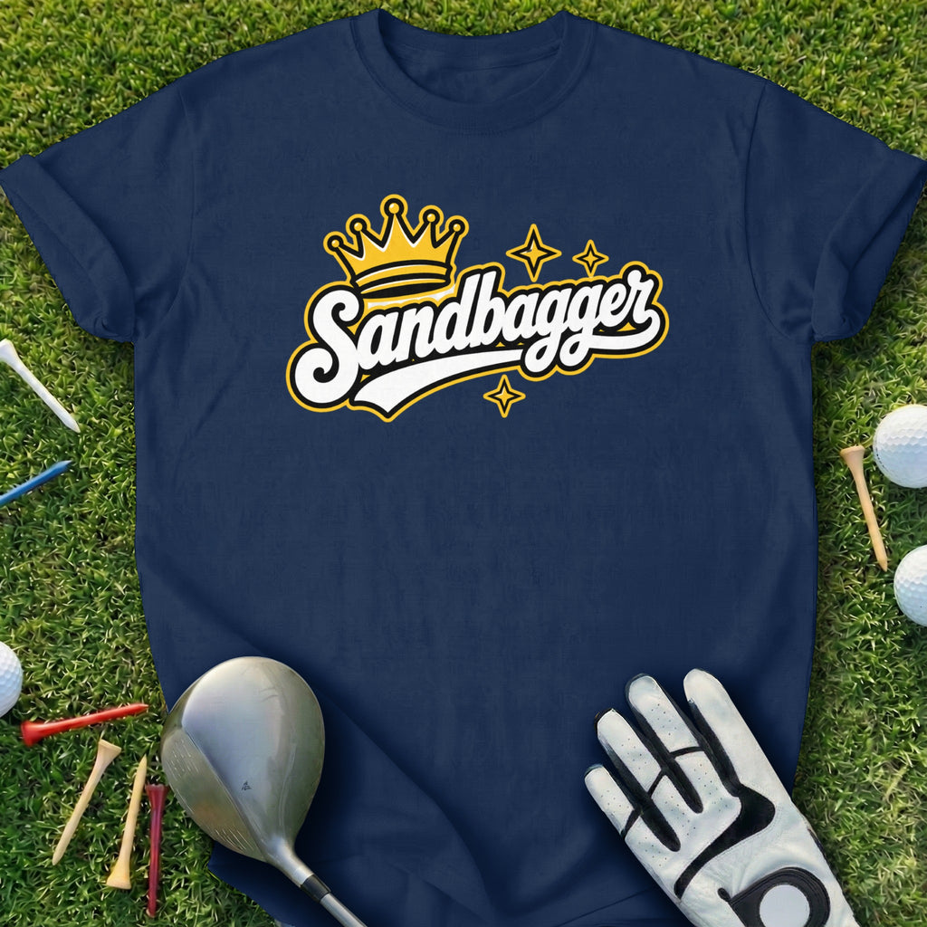 Navy t-shirt with "Sandbagger" crown logo, golf glove, and clubs.