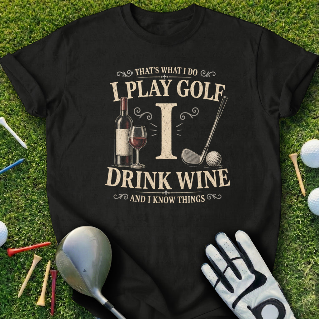 Black t-shirt with text "I Play Golf, I Drink Wine, And I Know Things" and golf imagery.
