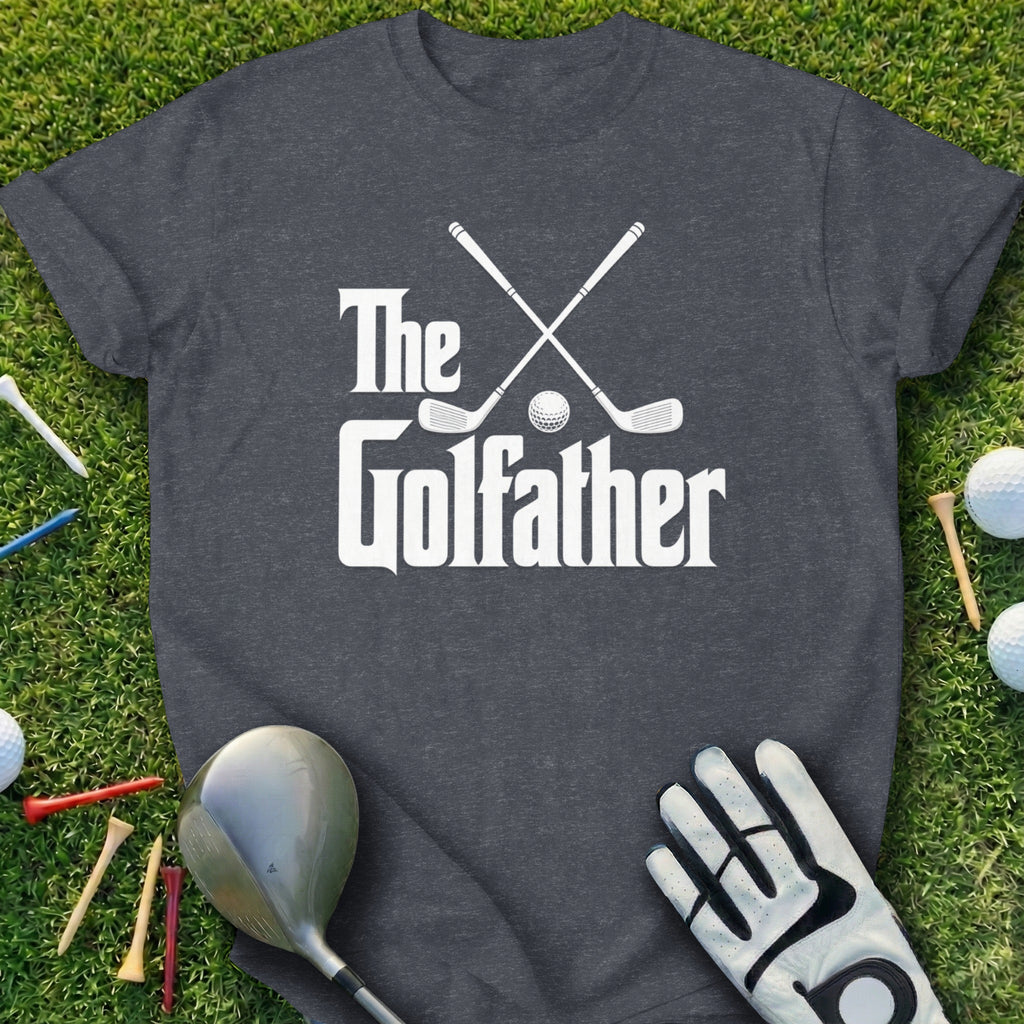 Dark grey t-shirt with "The Golfather" text and crossed golf clubs.