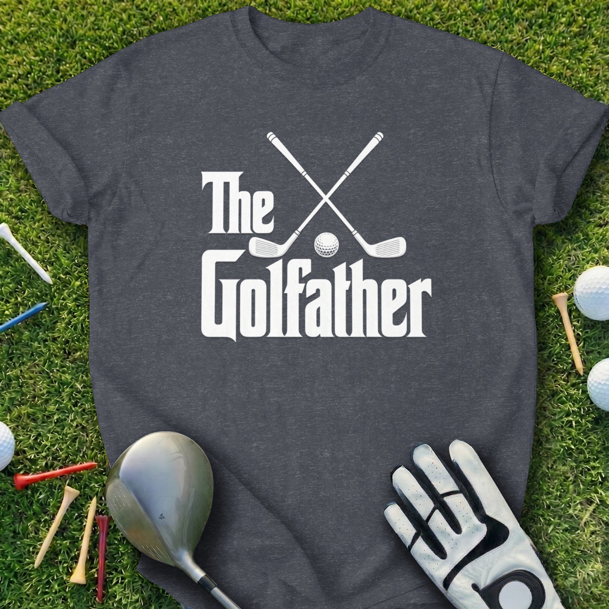 Dark grey t-shirt with "The Golfather" text and crossed golf clubs.